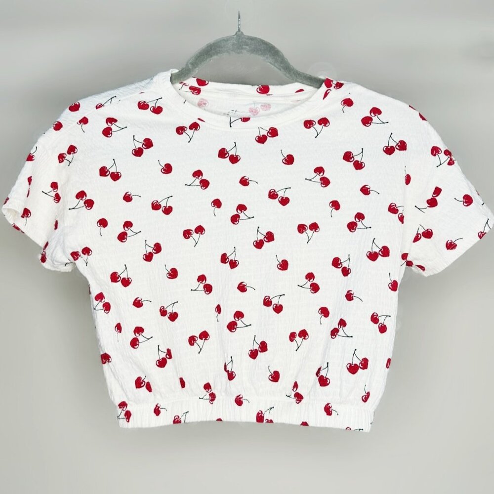 BCG Girls Cherries Tee Shirt Kids Size Small 7, Smocked Top with Elastic Waist